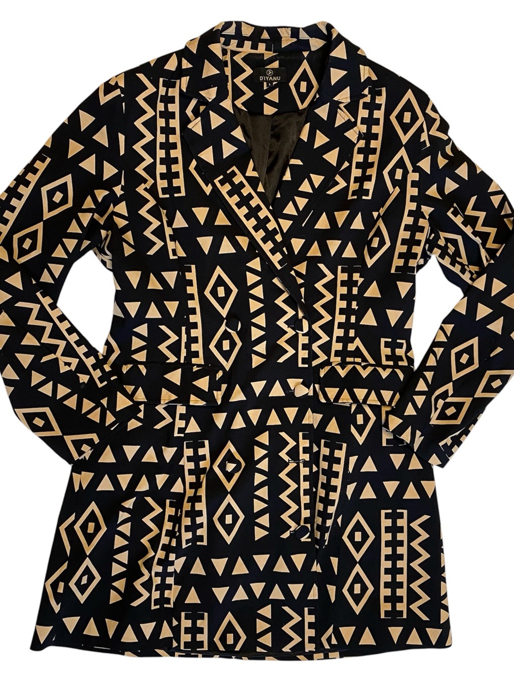 D’Iyanu Uyai Womens African Print Stretch Blazer  Tan Black Tribal Workwear Sz L